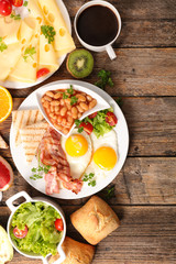 healthy breakfast with bacon,cheese,egg and fruit
