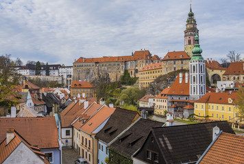 View of castle and houses in Cesky Krumlov, Czech Republic.
