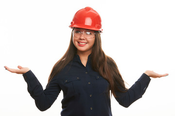Engineer or architect construction worker woman in protective hard hat