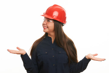 Engineer or architect construction worker woman in protective hard hat