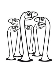 würmer party viele feiern schlangen boden loch gesicht kopf langhals süß niedlich klein groß kind comic cartoon dinosaurier saurier dino hals