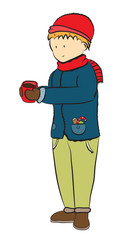 boy in warm clothes drinks fragrant beverage, vector image,outline style