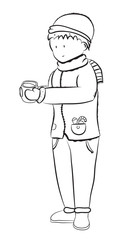 boy in warm clothes drinks fragrant beverage, vector image,outline style,black and white picture