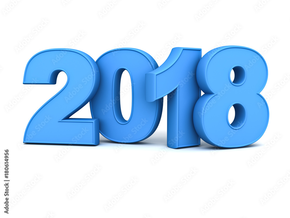 Poster Happy new year 2018 , 3D blue text isolated over white background with reflection and shadow. 3D rendering.