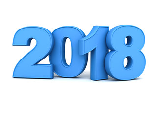 Happy new year 2018 , 3D blue text isolated over white background with reflection and shadow. 3D rendering.