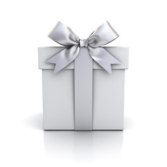 Gift box , present box with silver ribbon bow isolated on white background with reflection . 3D rendering.