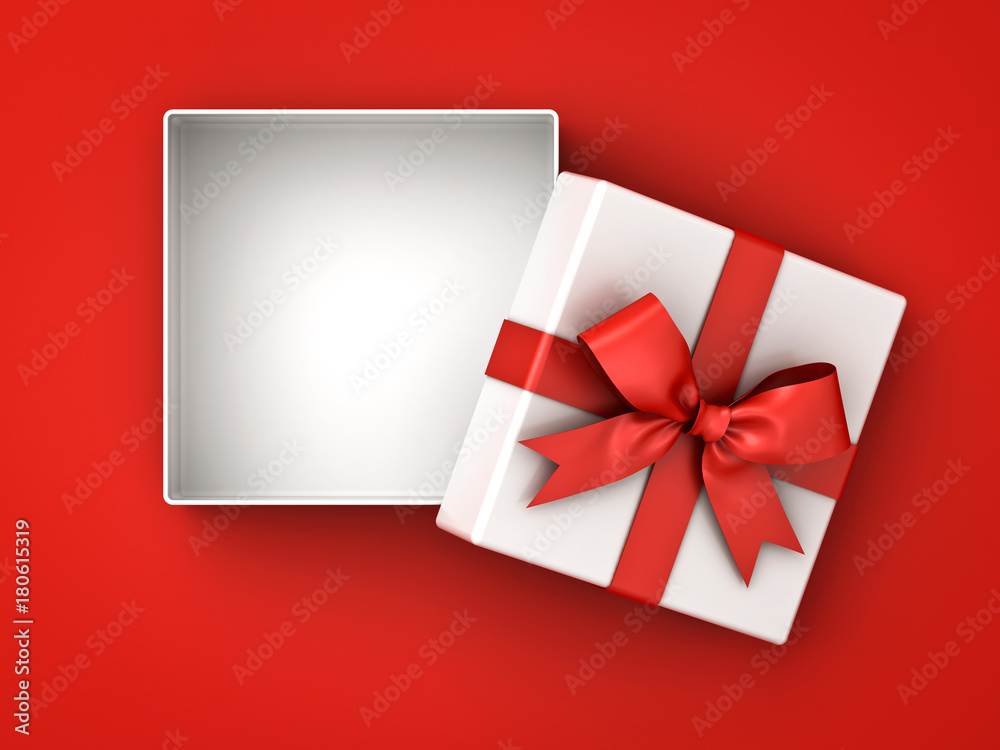 Wall mural open gift box , present box with red ribbon bow and blank space in the box isolated on red backgroun