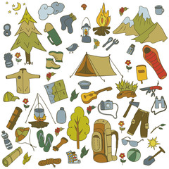 Set of hand drawn sketch camping equipment symbols and icons. Vector illustration.