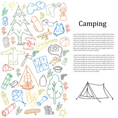 Set of hand drawn sketch camping equipment symbols and icons. Vector illustration.