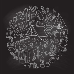 Set of hand drawn sketch camping equipment symbols and icons whis Chalkboard Effect. Vector illustration.