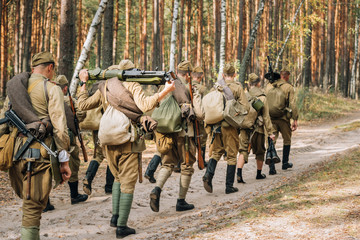 Men Dressed As Russian Soviet Red Army Infantry Soldiers Of World War II