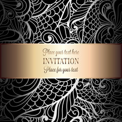 Romantic background with antique, luxury gray, black and metal silver vintage frame, victorian banner, intricate exquisite rococo wallpaper ornaments, invitation card, baroque style booklet, gothic