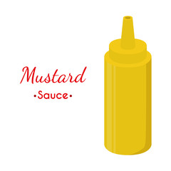 Mustard sauce bottle, yellow spicy condiment. Cartoon flat style. Vector