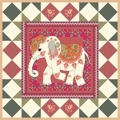 Vintage ethnic pattern with indian elephant and ornamental geometric border. Vector illustration.