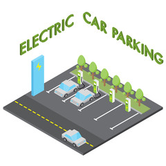 Electric car parking concept, isometric vehicle charging station isolated vector