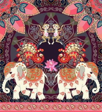 Lovely vector illustration for kid with cheerful monkey, cute cartoon elephants, fairy peacocks and paisley border. Cushion, pillowcase, greeting card, carpet, seamless print for fabric.