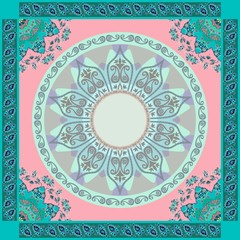 Ethnic bandana print in pink and emerald tones. Mandalas and paisley frames. Indian, thai, persian, turkish motives. Beautiful vector illustration.
