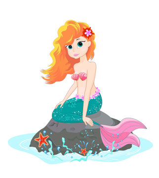Lovely mermaid. A beautiful mermaid sits on a sea stone.