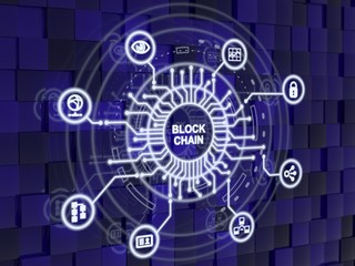 Blockchain symbols surrounding a circular circuit diagram on a blue cubes