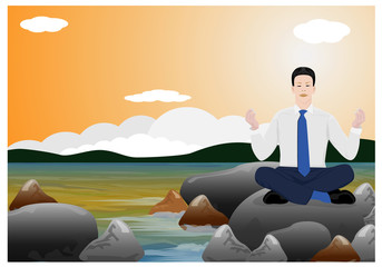 vector illustration one man sit meditation on stone 