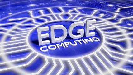 The word edge computing on a blue network surface surrounded by circuit wires