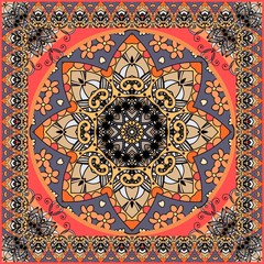 Ornamental bandana print in russian style with decorative frame. Beautiful vector illustration.