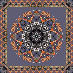 Beautiful round ornament in ethnic style. Flower mandala and zigzag frame on dark grey background. Vector illustration. Square carpet, bandana, pillowcase.