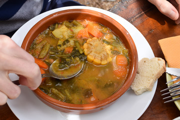 Bowl of Spanish vegetable soup on the table