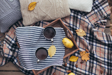 Autumn picnic with two cups on a wooden tray in a forest near lake 
