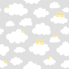 Cute Cartoon Chick Seamless Pattern with Cloud, Vector Illustration