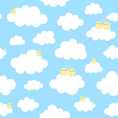 Cute Cartoon Chick Seamless Pattern with Cloud, Vector Illustration