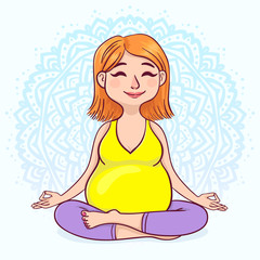 Pregnant redhead woman in lotus position against mandala background. Cute cartoon style. Vector illustration.