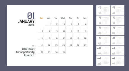 Modern minimal Calendar Planner Template for 2018 Year. Vector design editable template with wise quotes for success.