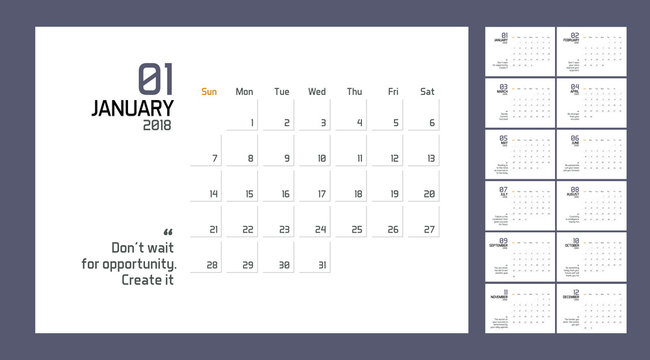 Modern minimal Calendar Planner Template for 2018 Year. Vector design editable template with wise quotes for success.