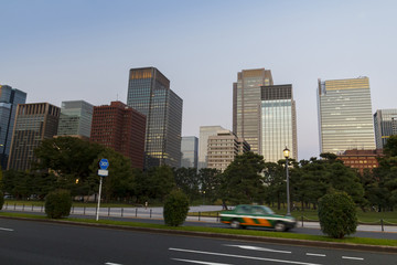 Obraz premium Modern high buildings in Ginza district skyline, Tokyo