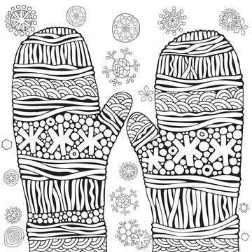 Knitted Mittens With Snowflakes. Christmas Vector. Pattern For Adult Coloring Book. Black And White. Zentangle. Doodle, New Year, Xmas.