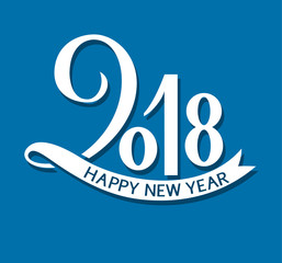 Happy New Year 2018 decorative text on blue background. Vector illustration