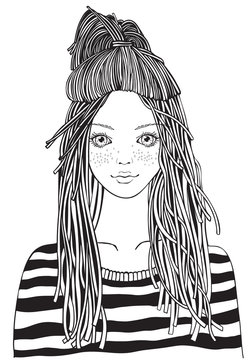 Cool yong girl in a striped sweater. Adult Coloring book page. Young woman. Black and white Hand-drawn vector illustration. Zentangle style.