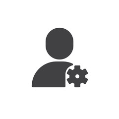 Account settings icon vector, filled flat sign, solid pictogram isolated on white. User with gear wheel symbol, logo illustration.