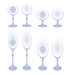 Glasses of champagne and cognac  glass blue vintage vector illustration editable hand draw