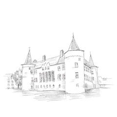 Graphic illustration of a castle. Picture of an old West European castle. Graphical black and white illustration - 180626731