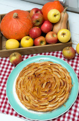 beautiful apple pie with red and yellow apples