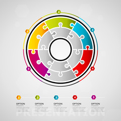 Five options presentation timeline infographic design with circle made out of jigsaw pieces