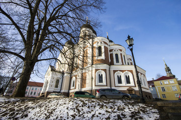 The Alexander Nevsky Cathedral (Aleksander Nevski katedraal), an orthodox cathedral in the Tallinn Old Town, Estonia, built in a typical Russian Revival style - obrazy, fototapety, plakaty