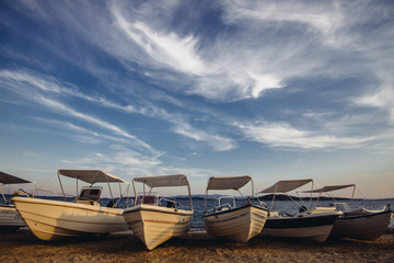 Fototapeta na wymiar motor boats for rent in vacation in Greece halkidiki