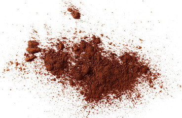 pile cocoa powder isolated on white background, top view