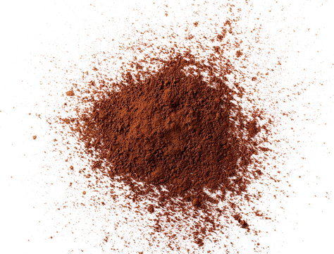pile cocoa powder isolated on white background, top view