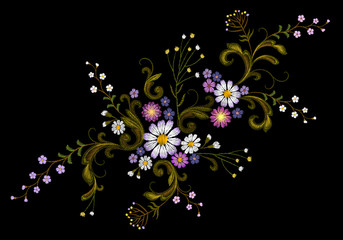 Realistic delicate vector embroidery fashion patch. Flower rose daisy leaves vintage victorian design. Stitch texture floral arrangement clothes decoration illustration
