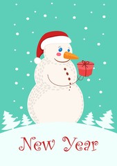 happy christmas and new year, greeting christmas card with cute snowman