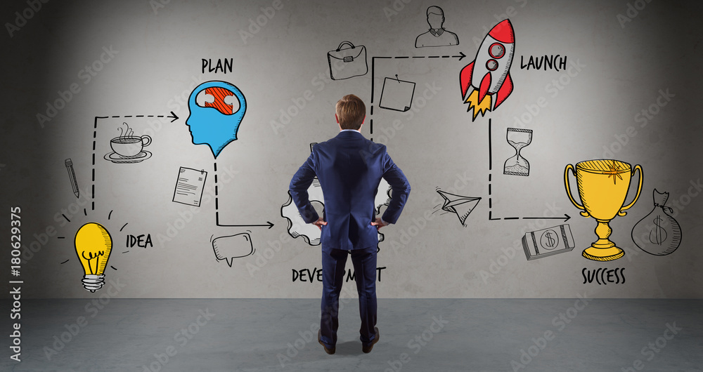 Aufkleber businessman watching a project sketch on a wall 3d rendering